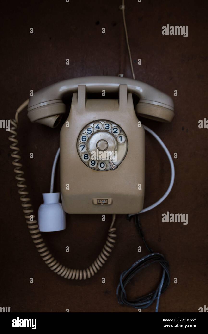 A public old retro phone booth for communication Stock Photo