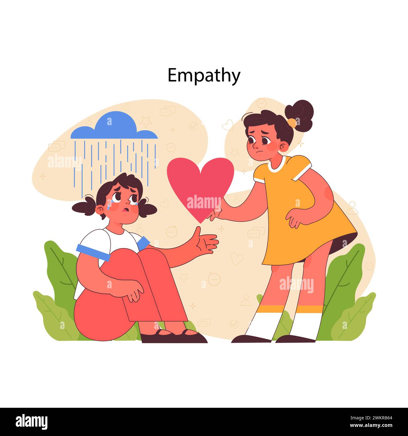 Empathy concept. Comforting scene depicting girl offering heart of support to friend in distress. Essence of compassion visualized. Flat vector illustration Stock Vector