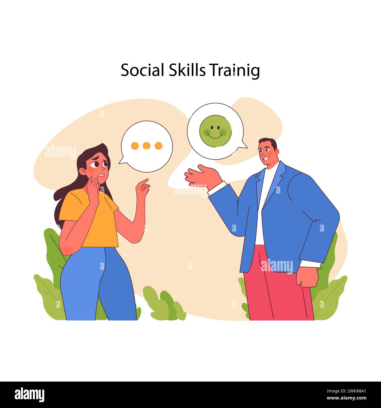 Social Skills Training concept. A scene portraying the learning and application of social cues, enhancing communication in autism. Flat vector illustration Stock Vector