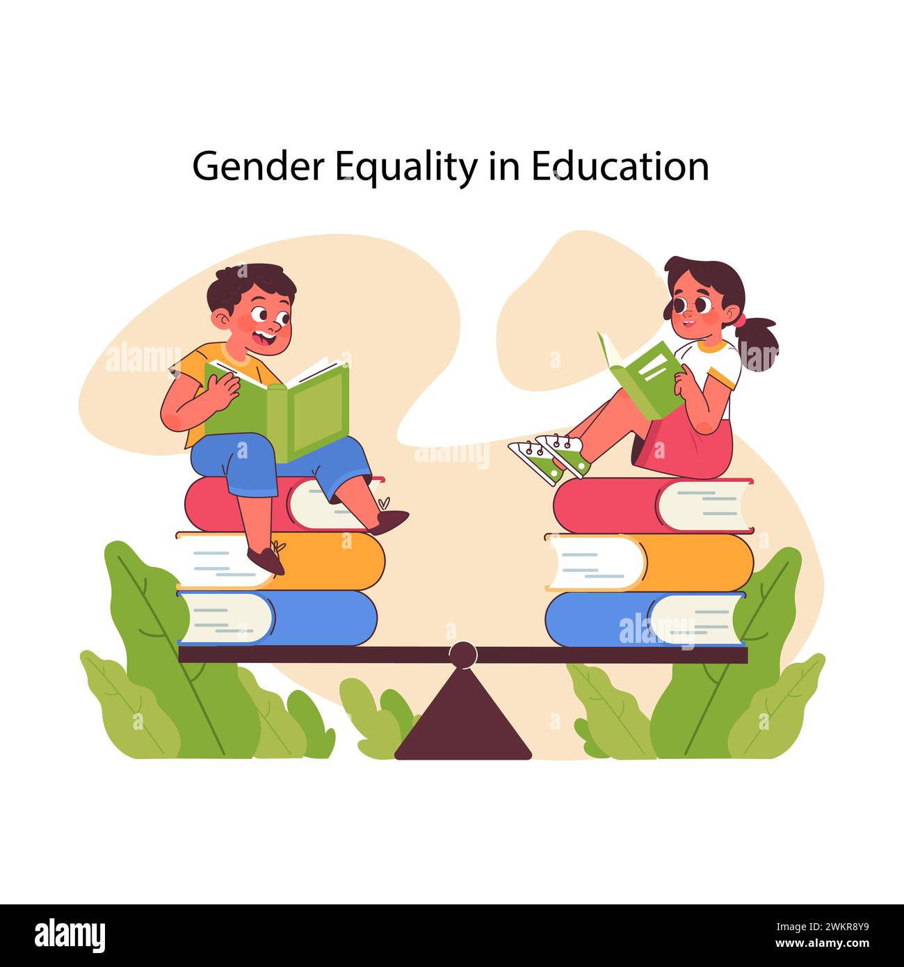 Gender equality in education concept. Boy and girl engrossed in reading while seated on a balanced stack of books, representing fair opportunities in academic pursuits. Flat vector illustration Stock Vector