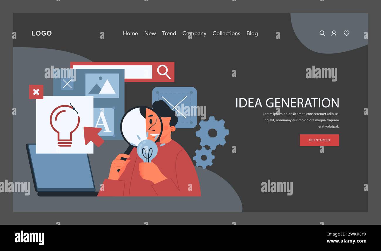 Idea Generation concept. A creative professional explores innovative solutions, utilizing digital tools for brainstorming and concept development. Exploration and creativity visualized. Flat vector Stock Vector