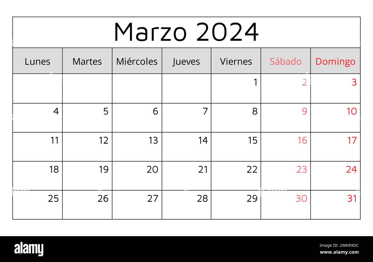 March 2024 SPANISH calendar (Marzo). Vector illustration. Monthly
