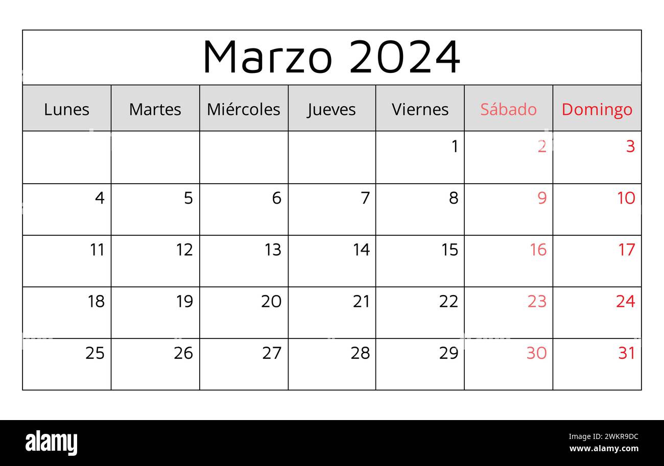 March 2025 SPANISH calendar (Marzo). Vector illustration. Monthly