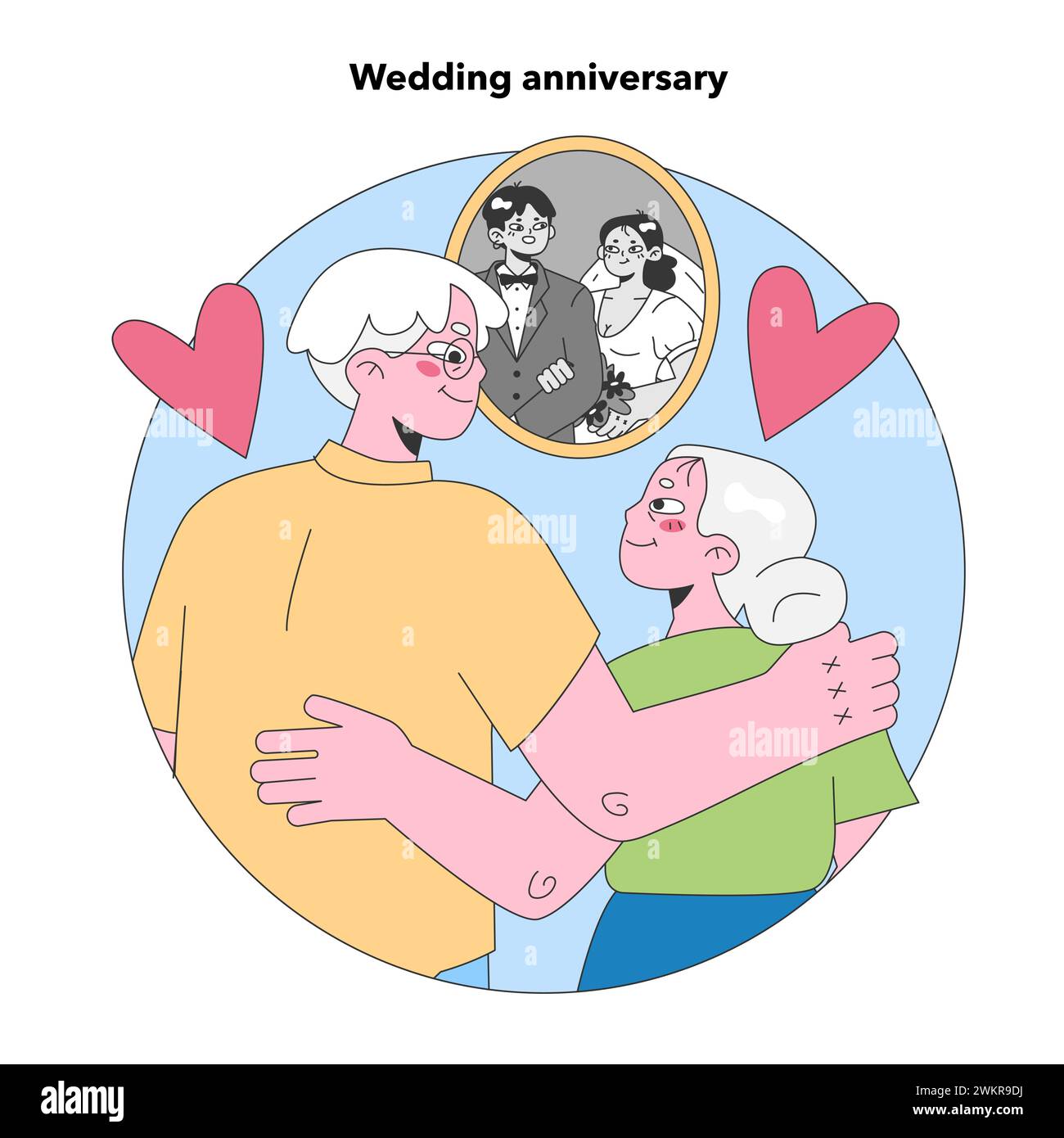 Wedding Anniversary. Elderly couple reminisces about their lifelong journey, cherishing their love and companionship. Flat vector illustration. Stock Vector