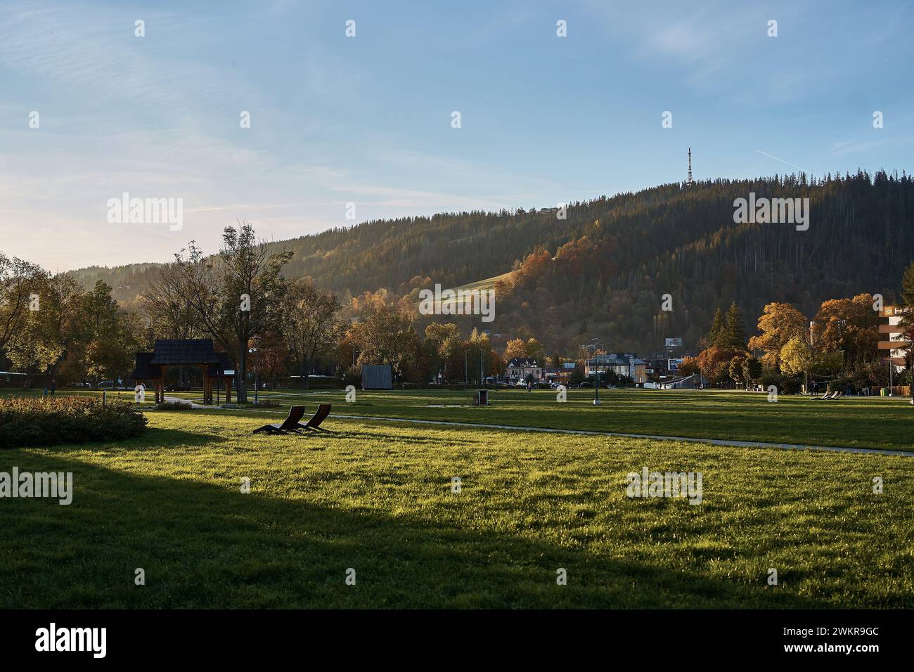 the clearing in Zakopane park in front of the mountains at sunset Stock Photo