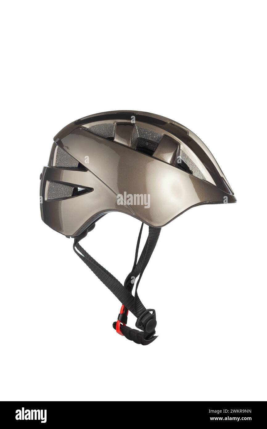 A studio shot of a gray helmet for byciclist isolated on white background. Bicycle helmet with a strap for fixing on the head. Side view. Stock Photo