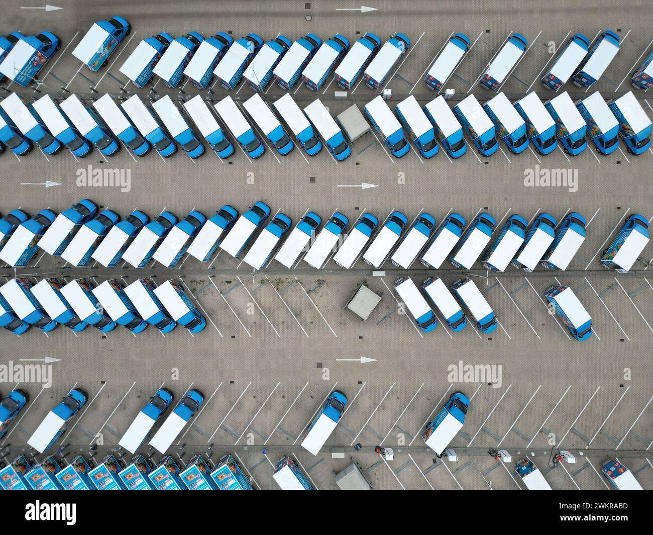 Aerial view of parked trucks at a large food distribution centre, The Netherlands Stock Photo