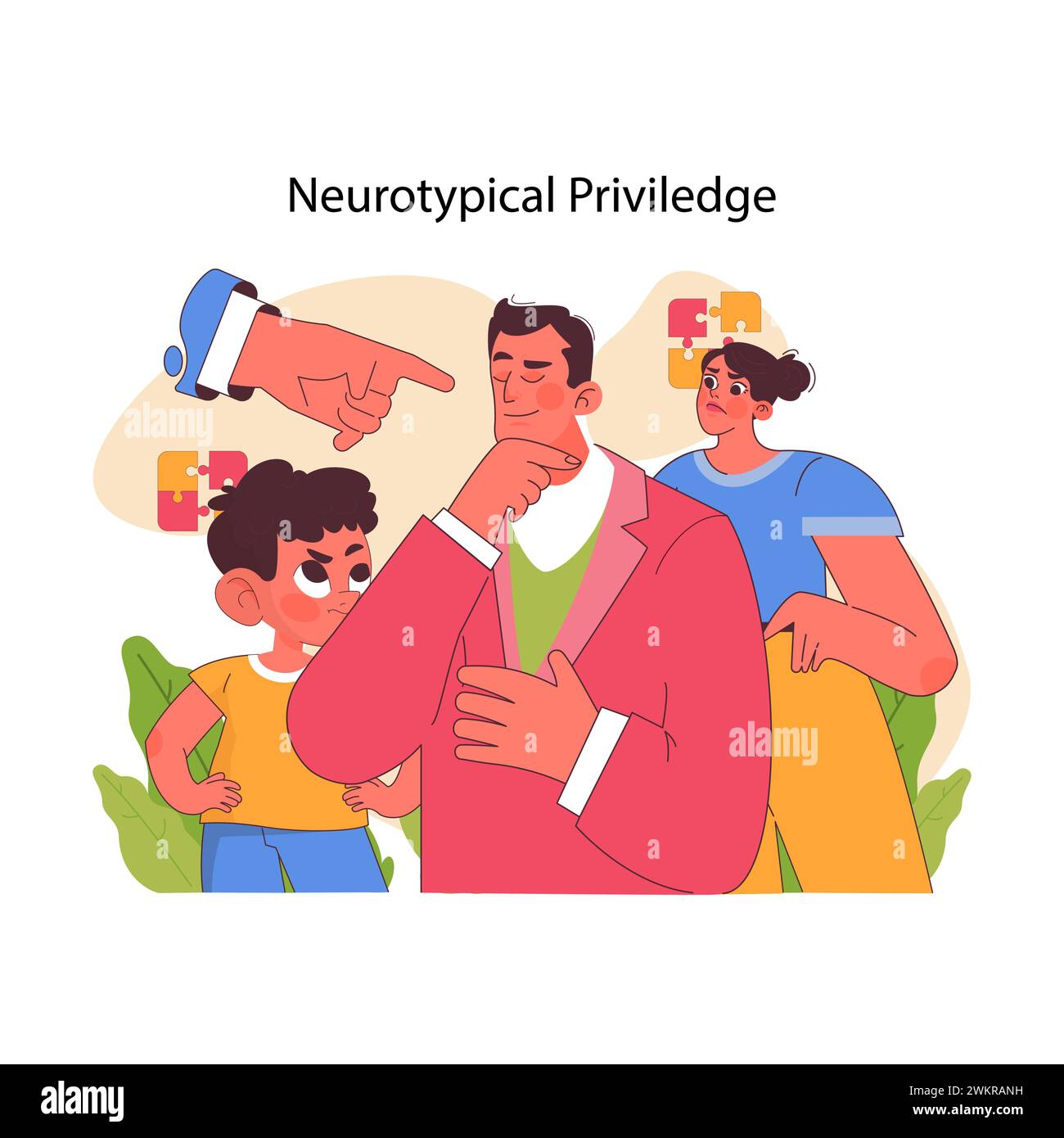 Neurotypical privilege concept. Man being chosen over woman and child. Delving into societal bias, the ease of fitting in, and the unseen advantages. Reflecting on inclusion and fairness. Stock Vector