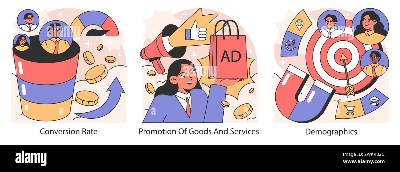Advertising agency set. Showcasing conversion rate, goods promotion ...
