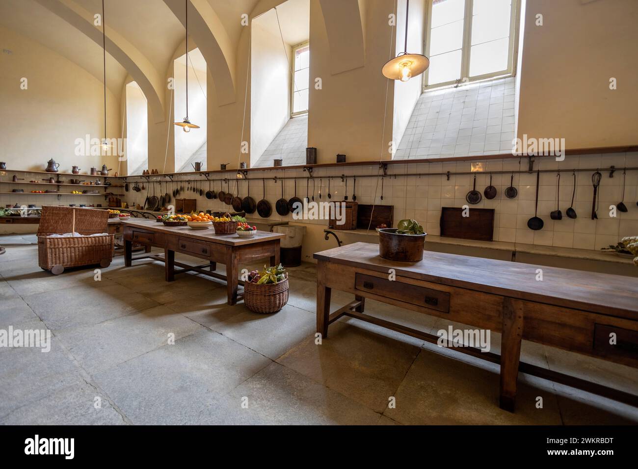 RACCONIGI, ITALY, MAY 14, 2023 - The spacious kitchens in the Castle of Racconigi, province of Cuneo, Piedmont, Italy Stock Photo