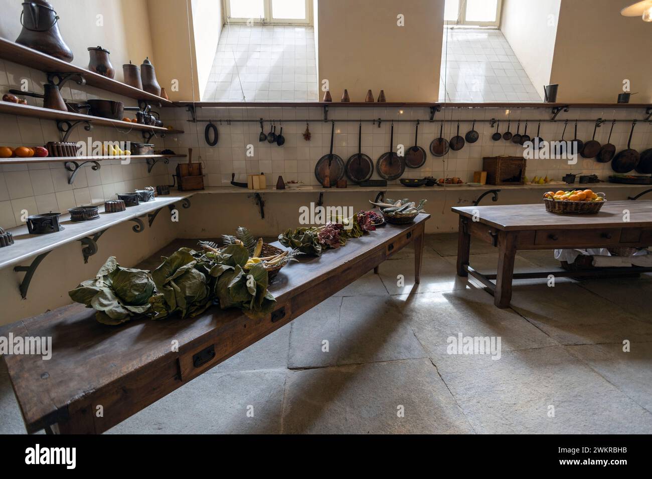 RACCONIGI, ITALY, MAY 14, 2023 - The spacious kitchens in the Castle of Racconigi, province of Cuneo, Piedmont, Italy Stock Photo