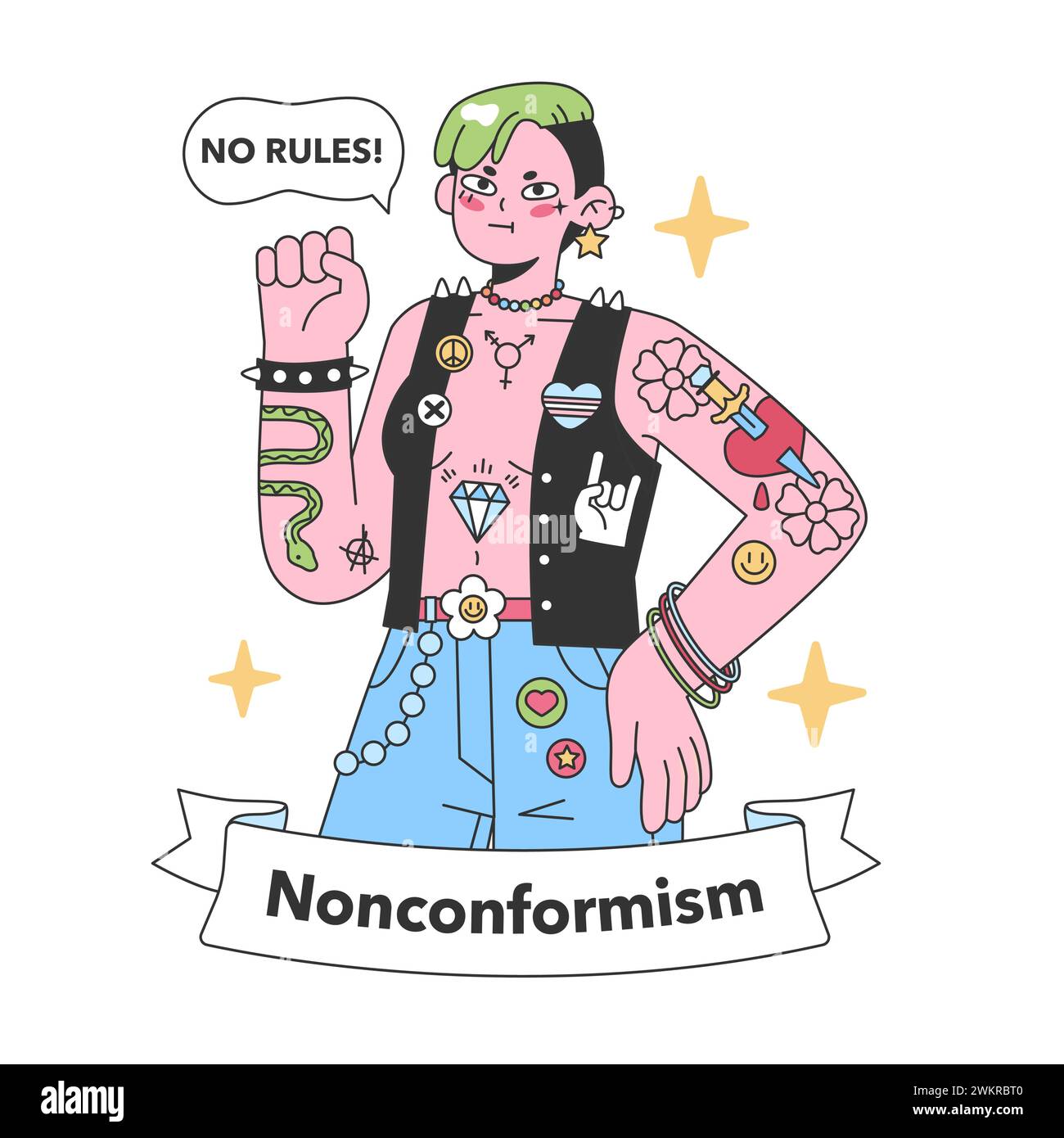 Nonconformism personified in a vibrant character, rebelling against