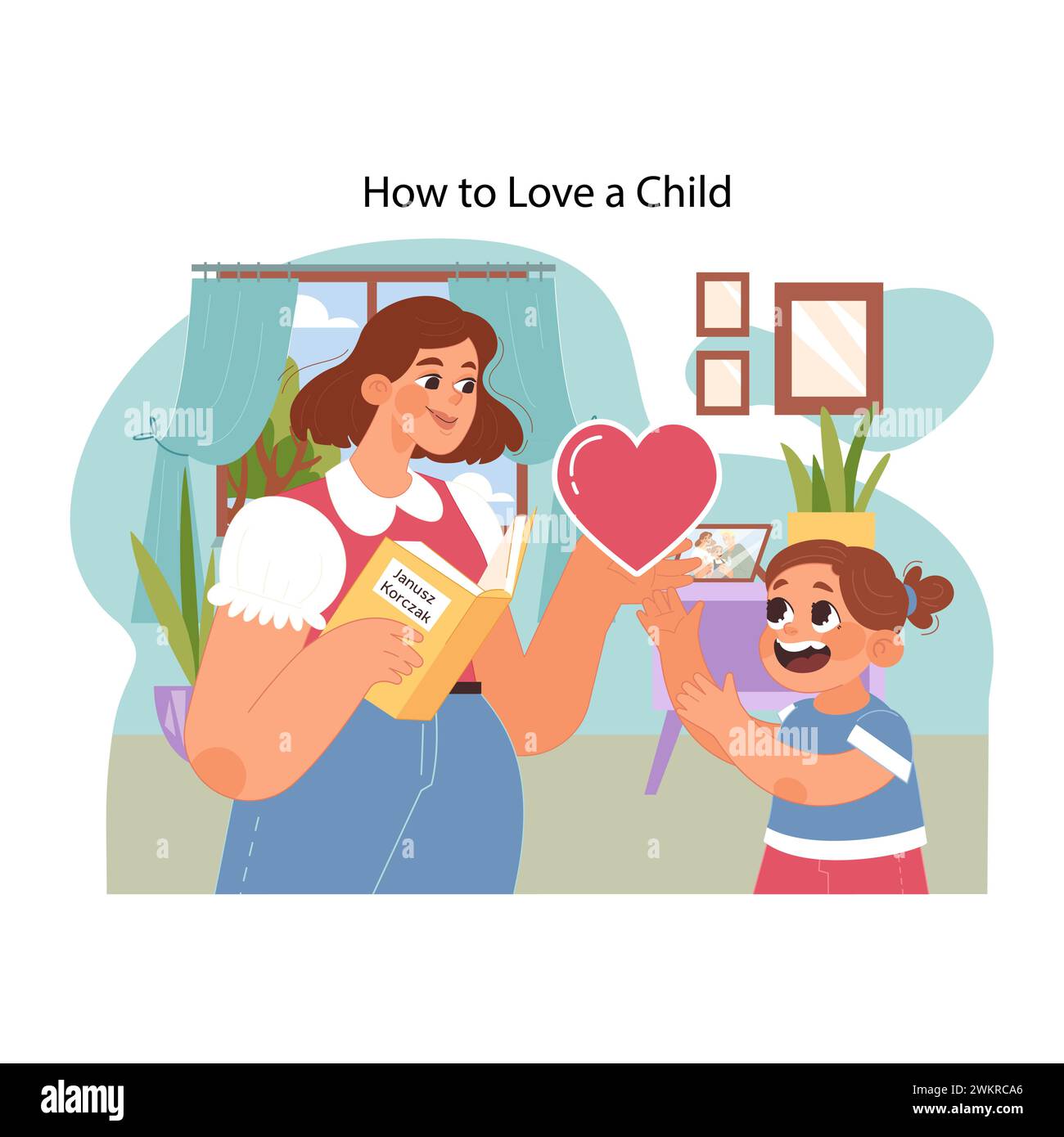 Parent child bonding concept. Mother giving parental love to daughter. Sharing wisdom from How to Love a Child book by Janusz Korczak. Moments of learning, caring, and heartwarming interaction Stock Vector
