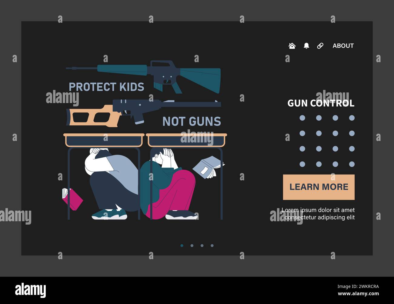 Gun control dark or night mode set. Second amendment ban. Weapon regulations law movement. Firearm violence. Mass shooting in public places and school. Flat vector illustration Stock Vector