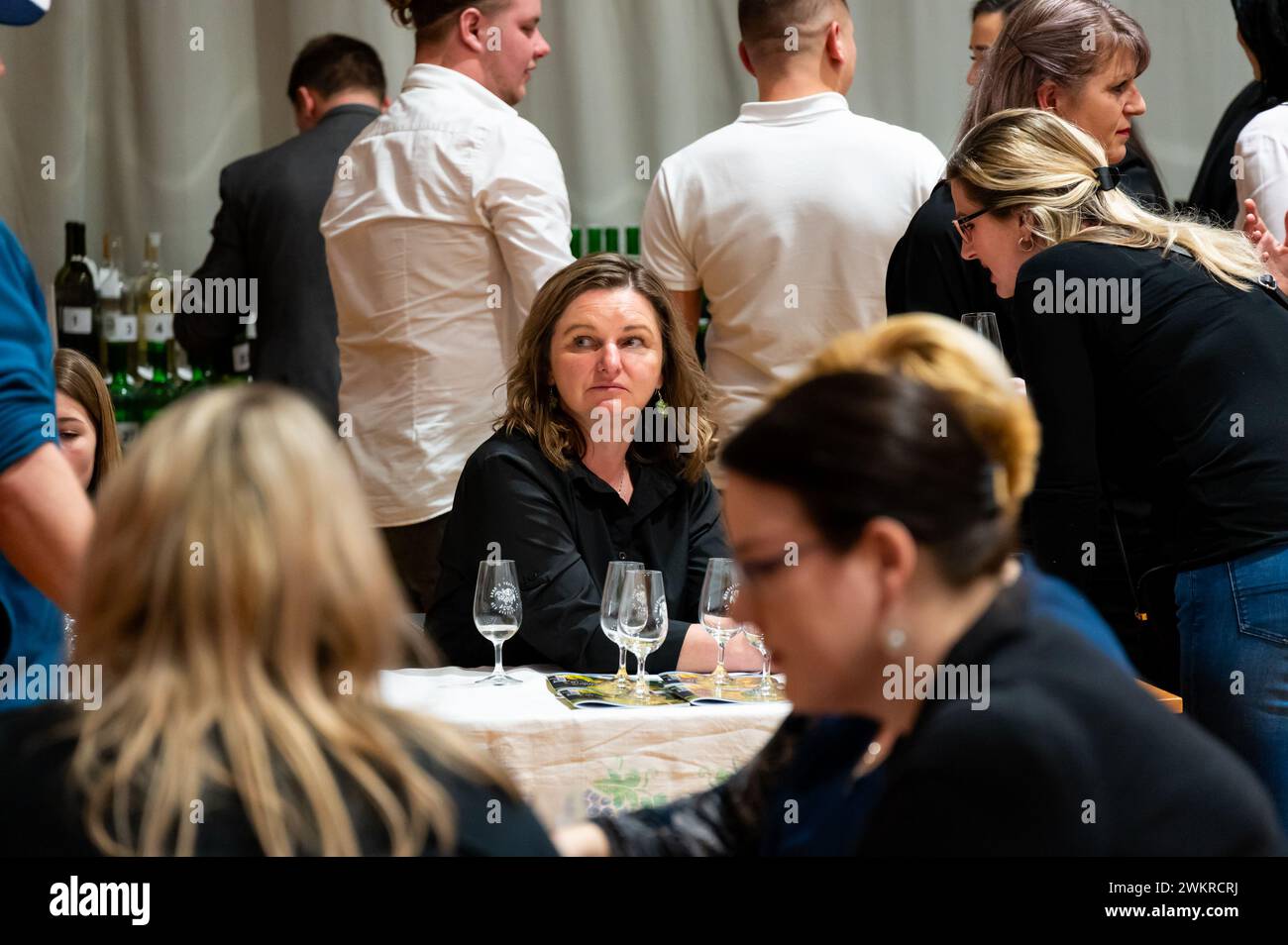 Hrusovany u Brna, Czech Republic - 17.2.2024: Wine degustation and wine tasting event. View of people drinking from glasses. South Moravia region, lan Stock Photo