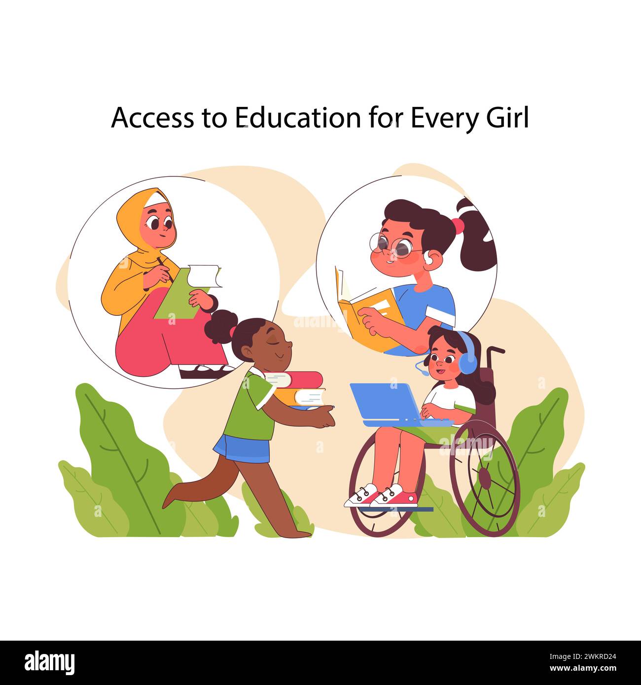 Access to education for every girl concept. Diverse girls studying, one in wheelchair with laptop, others reading and interacting. Inclusivity and equal opportunities. Flat vector illustration Stock Vector