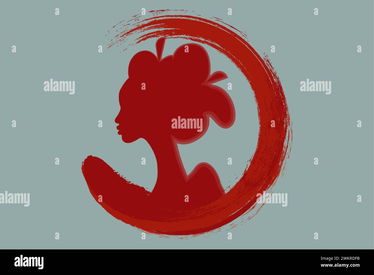 logo portrait of the Japanese girl ancient hairstyle on the red enso zen circle. Geisha, maiko, princess. Traditional Asian woman style. Round icon Stock Vector