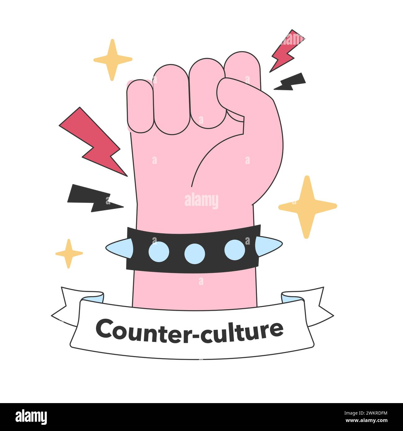 Iconic raised fist symbolizing counter-culture's strength and defiance, set against a backdrop of electric energy and resistance. Flat vector illustration Stock Vector