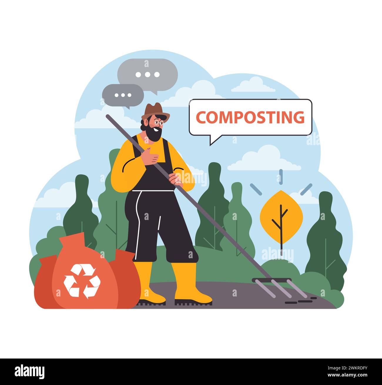 Gardener promotes composting. Bearded man with a pitchfork stands by a