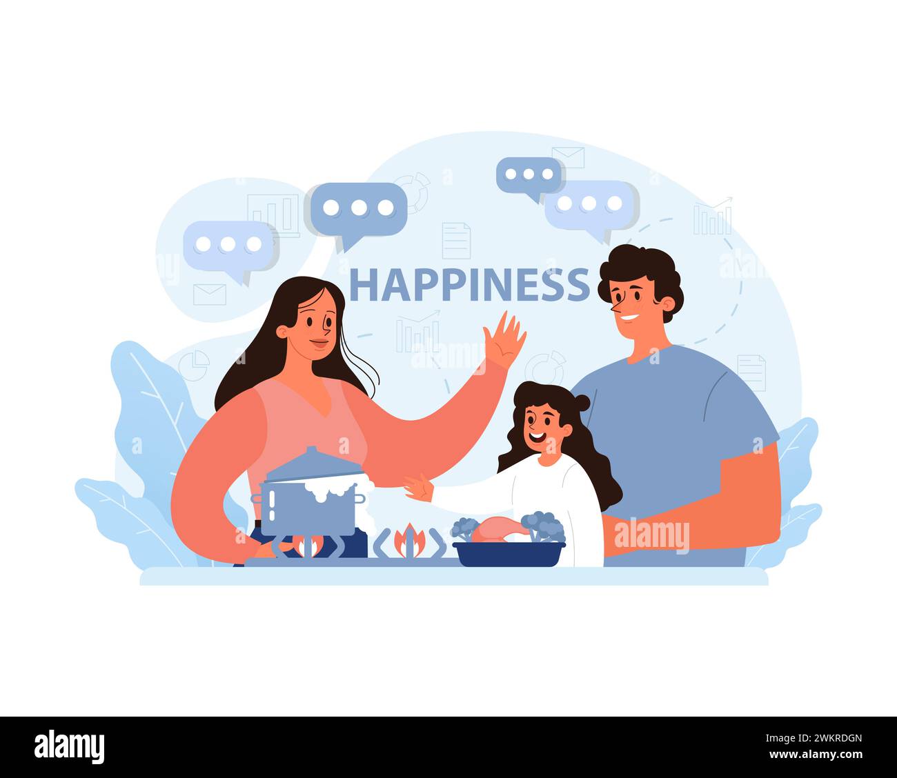 Family mealtime bliss. A mother, father, and child bond over a heartwarming dinner, enveloped in conversation bubbles signifying a digital age's happiness. Togetherness in a tech-savvy era Stock Vector