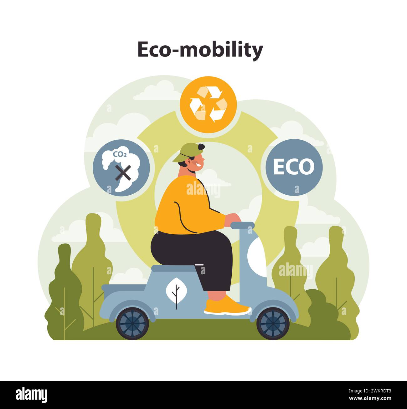 Eco-mobility concept. Man riding a sustainable scooter amid green 