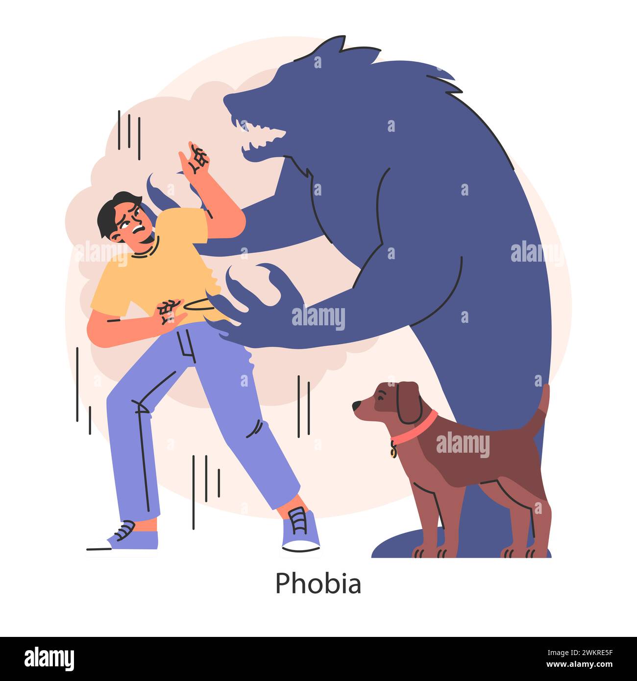 Overcoming fears strategy. Illustration of confronting animal phobia and the visceral fear response. Power of overcoming irrational fears. Flat vector illustration. Stock Vector