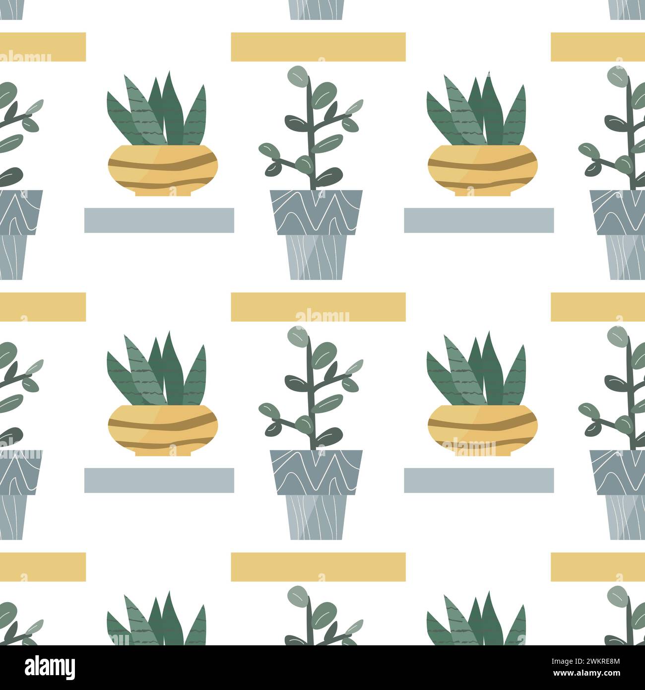 scandinavian houseplant succulent crassula and mother low in tongue in pot, simple shapes seamless pattern. Vector illustration of succulent flower in decorative pot. Modern home plants background.  Stock Vector