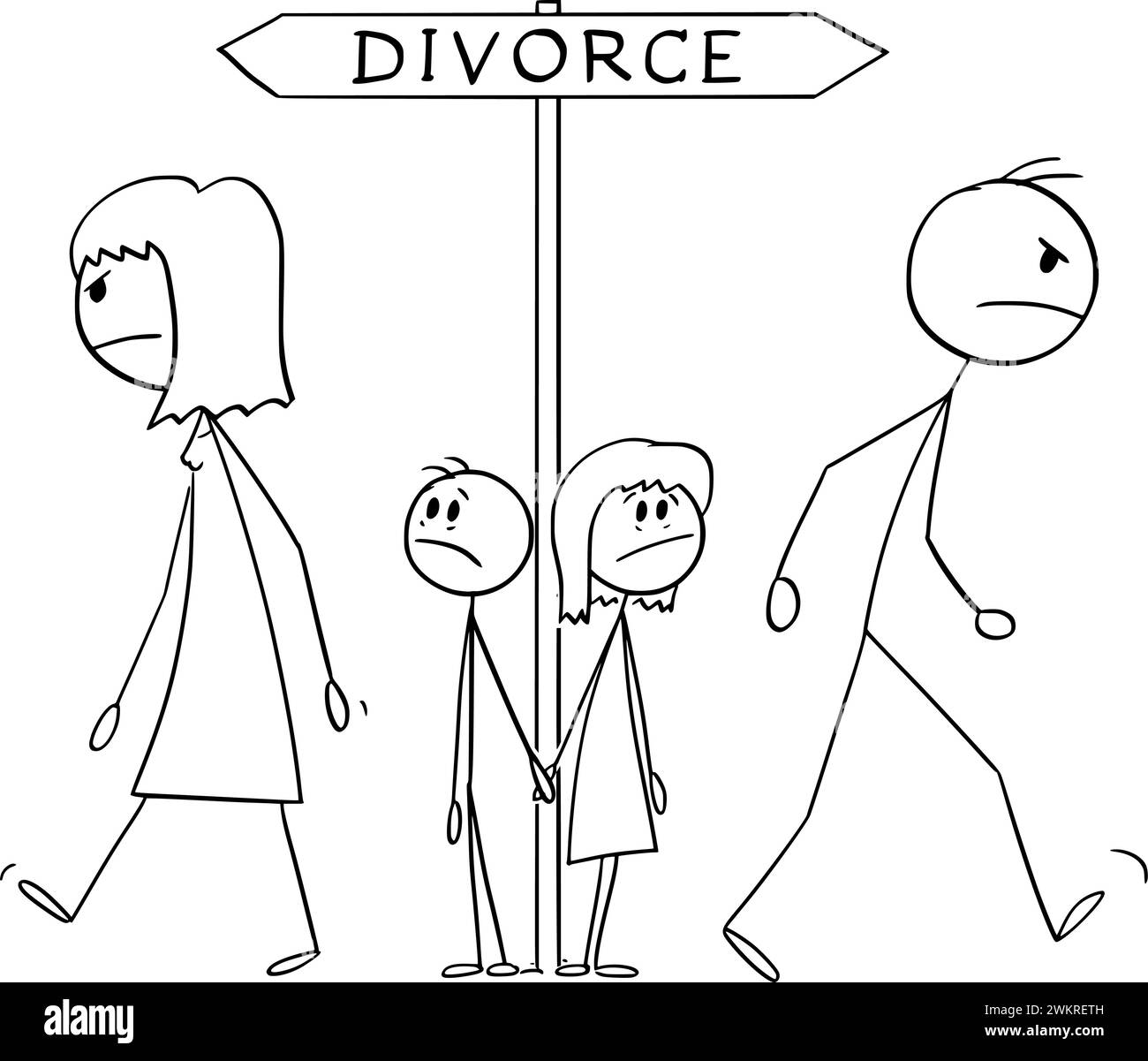 Husband and Wife in Divorce, Children Watching Their Separation, Vector Cartoon Stick Figure Illustration Stock Vector
