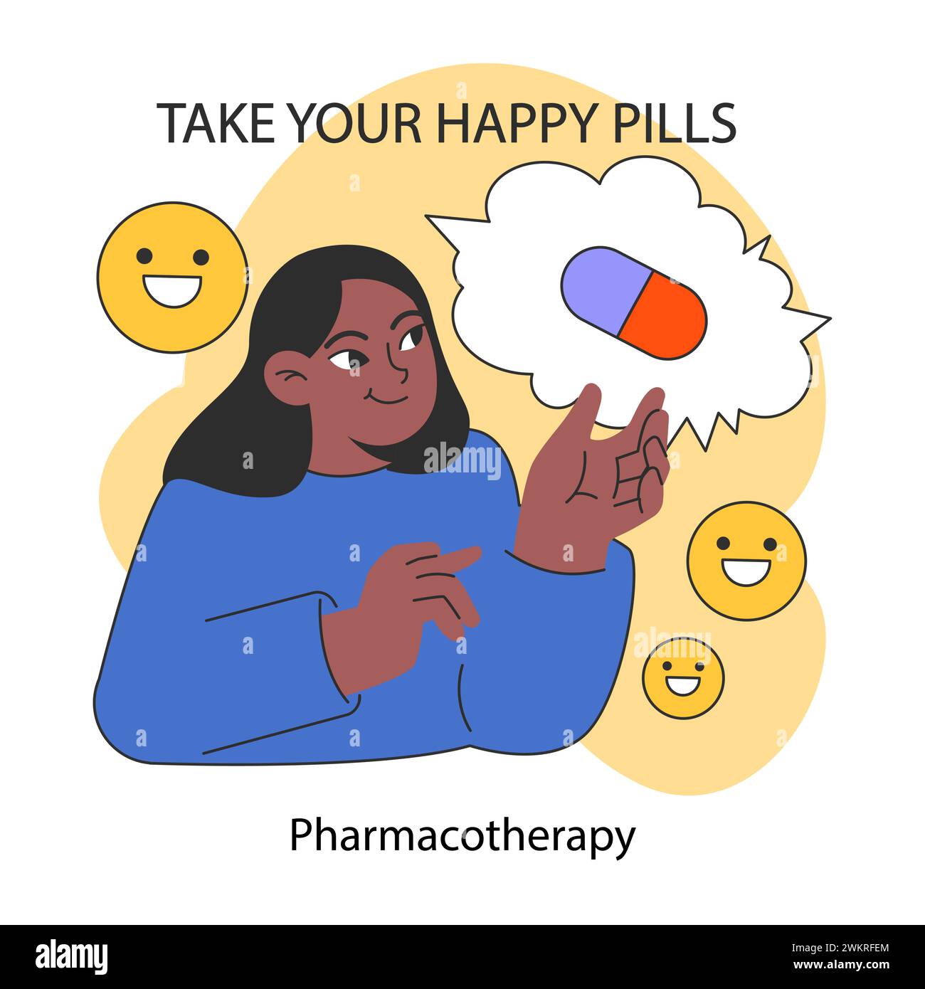 Neurosis, chronic stress or anxiety mental disorder treatment. Psychotherapy and pharmacotherapy. It's ok to take medications. Woman holding a pill. Flat vector illustration Stock Vector