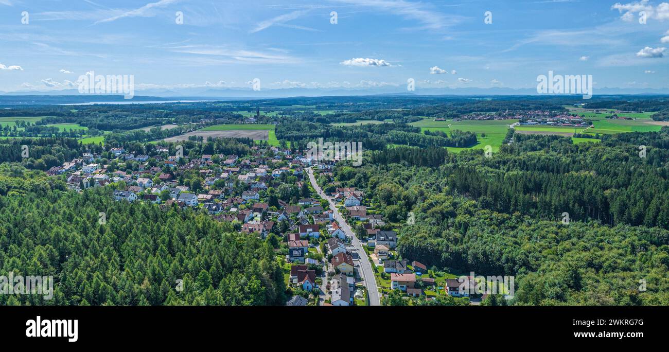 Geltendorf, a village near the Ammersee in Upper Bavaria and important railway crossing station from above Stock Photo