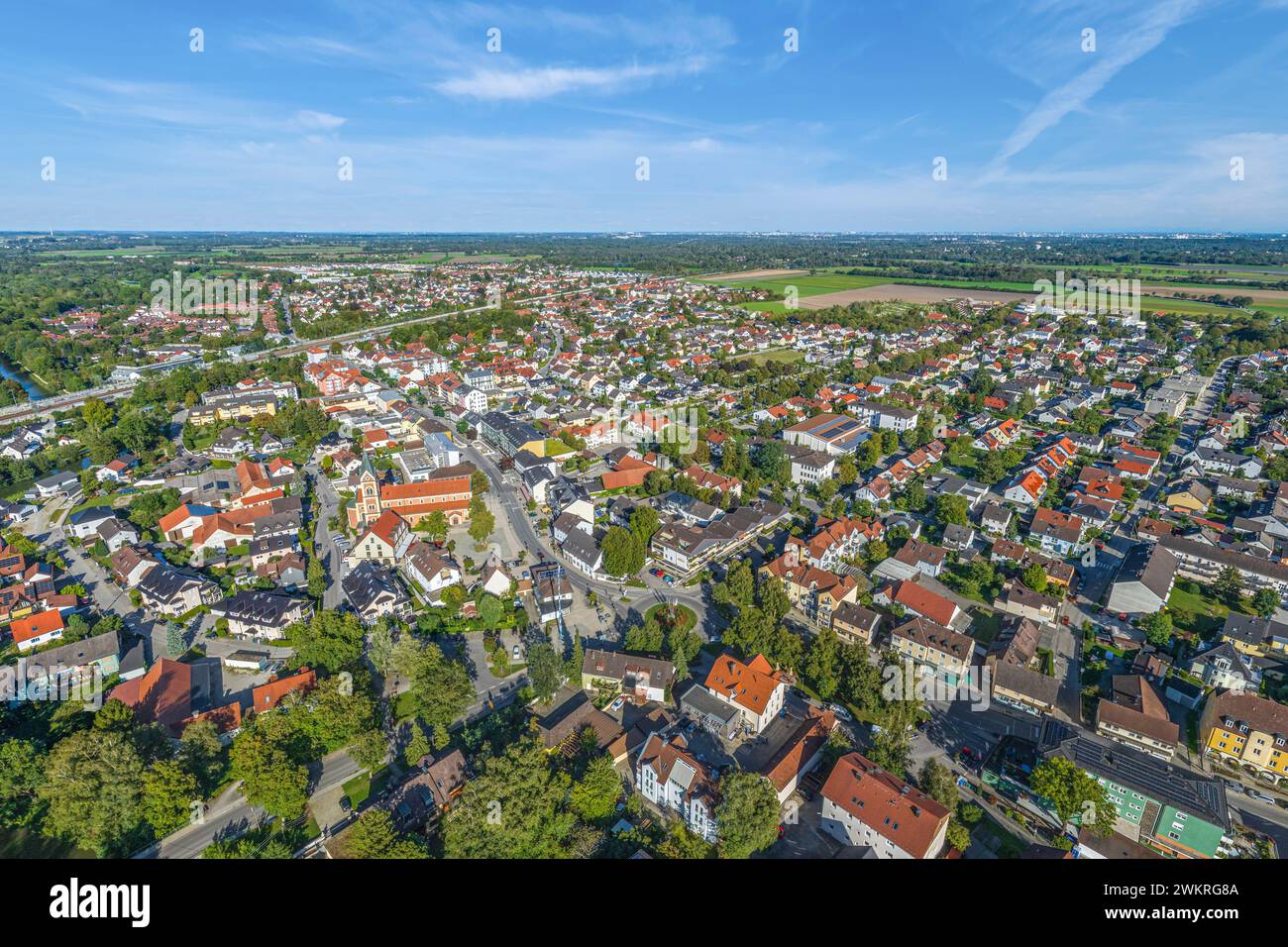 Aerial view of Olching in the district of Fürstenfeldbruck in Upper