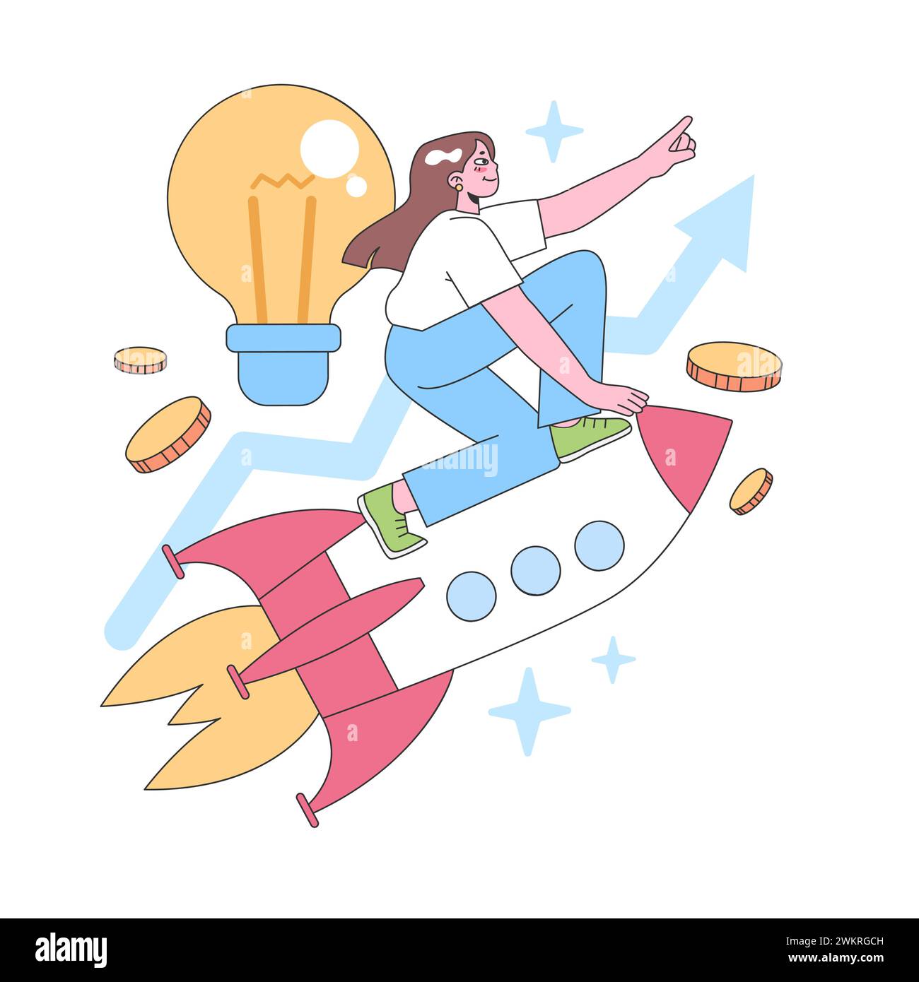 Innovation Journey concept. Energetic woman riding a rocket, guiding it toward success with a giant light bulb illuminating her path, surrounded by soaring coins and rising graphs. vector illustration Stock Vector