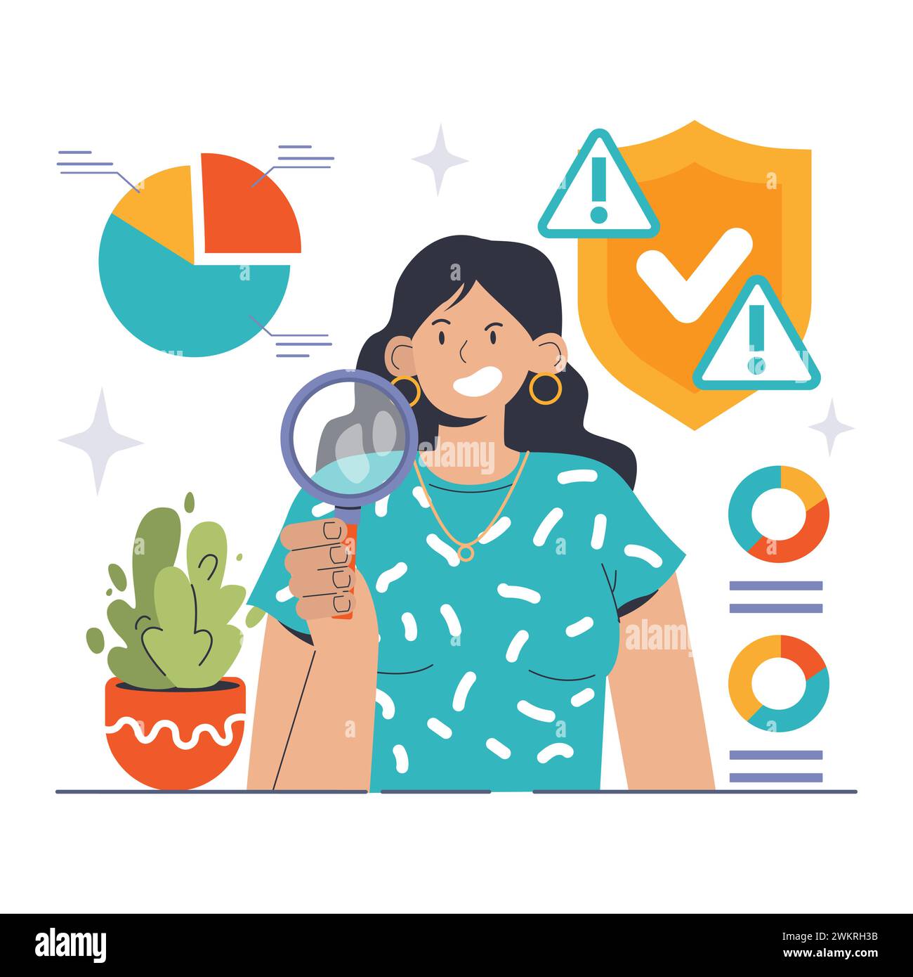Risk Assessment concept. Expert woman with magnifying glass evaluates data, alongside symbols of caution and security shield. Highlighting potential hazards and safety protocols. vector illustration Stock Vector