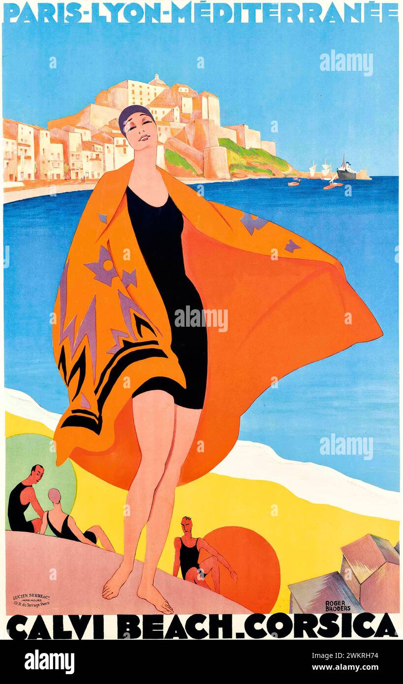 Vintage Travel Poster. Calvi Beach- Corsica  France by Roger Broders, 1928.  People on the corsican beach. Art deco Stock Photo