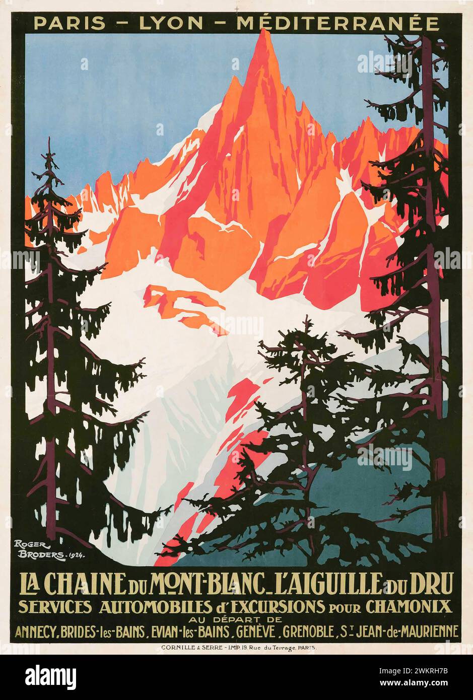 Vintage Travel Poster. "La Chaine du Mont-Blanc- L'Aiguille du Dru"   France by Roger Broders, 1924,  Car Service poster, showing the Alps peaks of the Aiguille Stock Photo