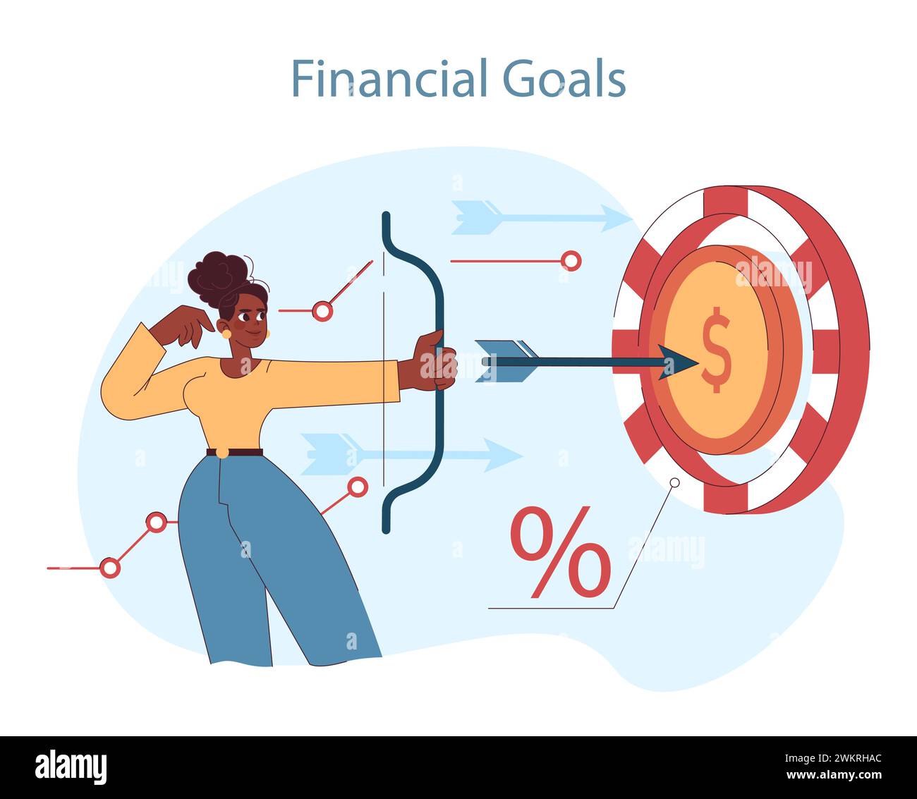 Financial planning. Achieving financial goals with precision and strategic planning. Targeting wealth and success. Flat vector illustration Stock Vector