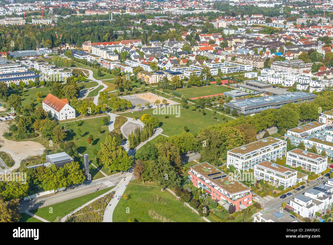 Aerial view to the Sheridan site, former barracks area in Augsburg-Pfersee, now a residential area, park and industrial estate Stock Photo