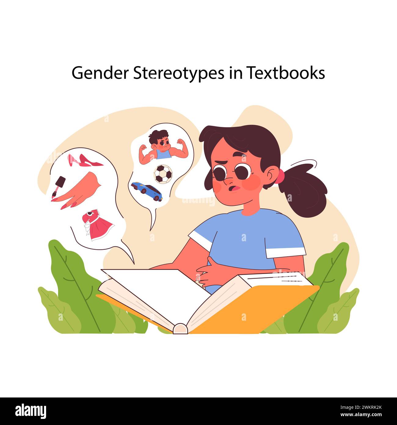 Gender stereotypes in textbooks concept. A thoughtful girl reading a book confronts ingrained notions of gender roles, reflecting societal norms and biases. Flat vector illustration Stock Vector