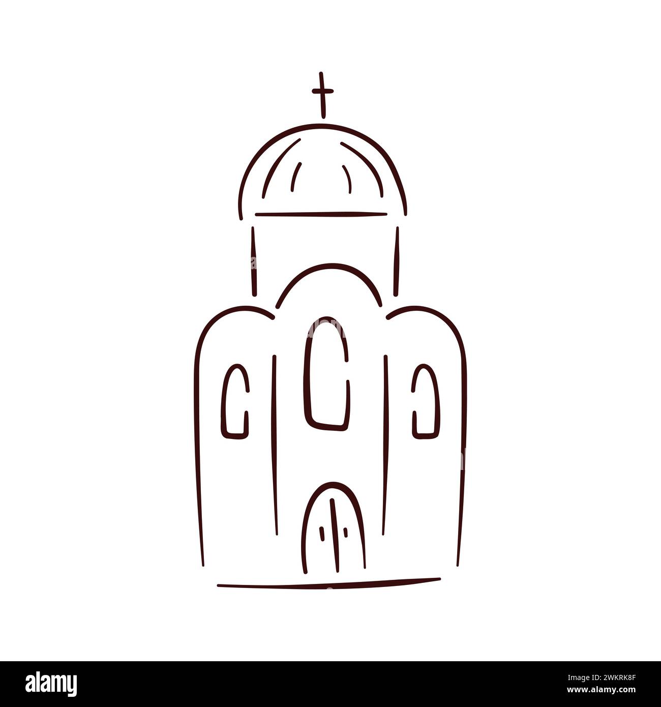 Church symbol in line art style. Hand drawn vector illustration isolated on a white background. Stock Vector