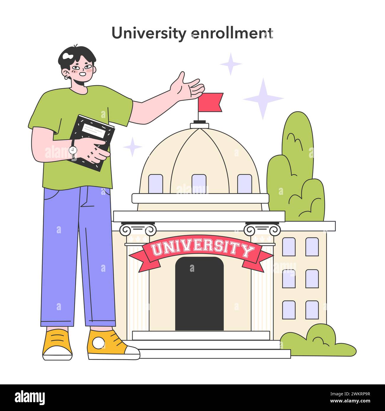 University enrollment. Student standing in front of uni building. Higher academic education. Youth years life milestones. Young male character getting old. Flat vector illustration Stock Vector