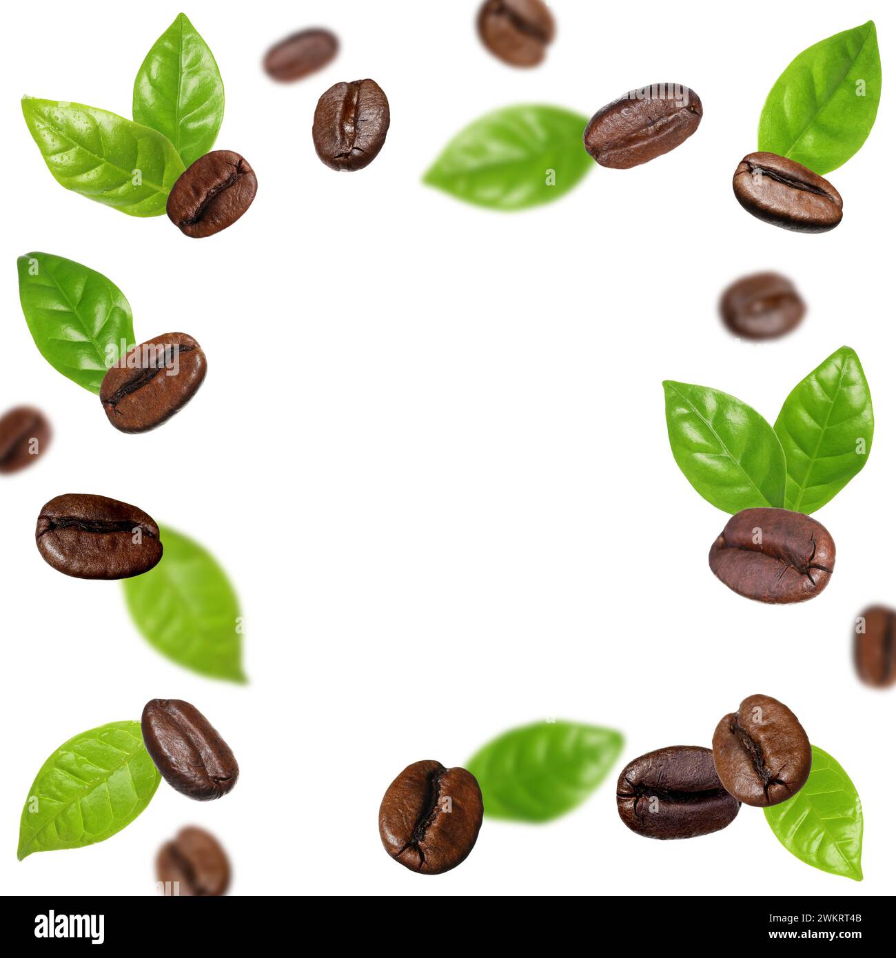 Roasted coffee beans and green leaves in air on white background Stock ...