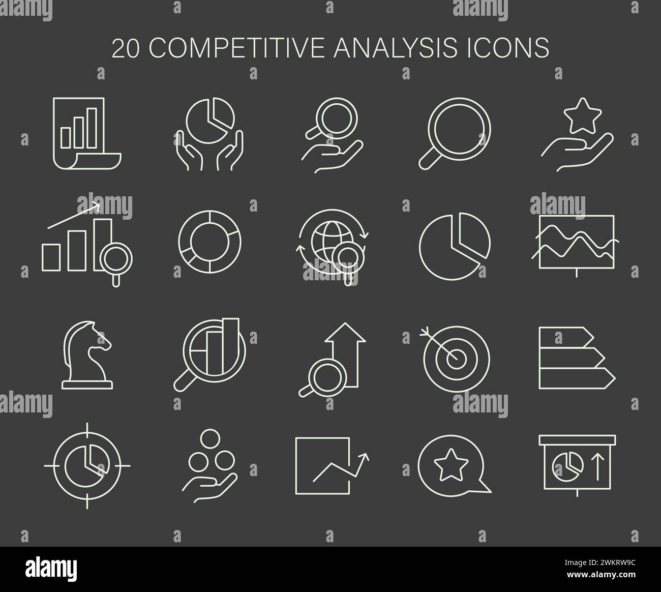 Icon set for competitive analysis. Essential visual tools for market 