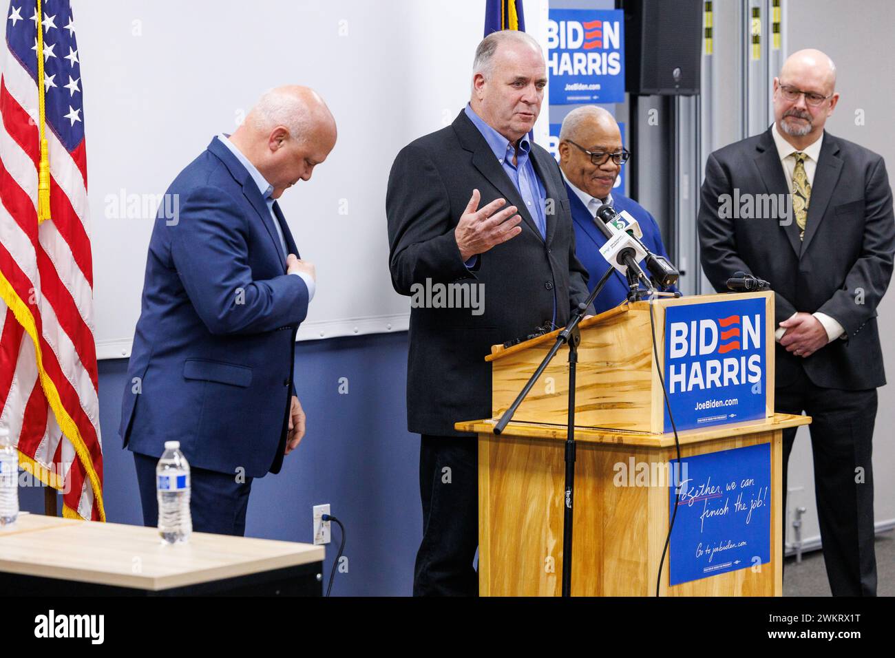 Flint, USA. 19th Feb, 2024. U.S. Rep. Dan Kildee (D-Flint Twp.) speaks at a press conference hosted by the re-election campaign of President Joe Biden in Flint, MI on Feb. 19, 2024. Biden faces an increasing challenge in Michigan's Democratic presidential primary from progressive groups urging voters to vote 'uncommitted' to express their dissatisfaction with Biden's handling of the war in Gaza. (Photo by Andrew Roth) Credit: Sipa USA/Alamy Live News Stock Photo