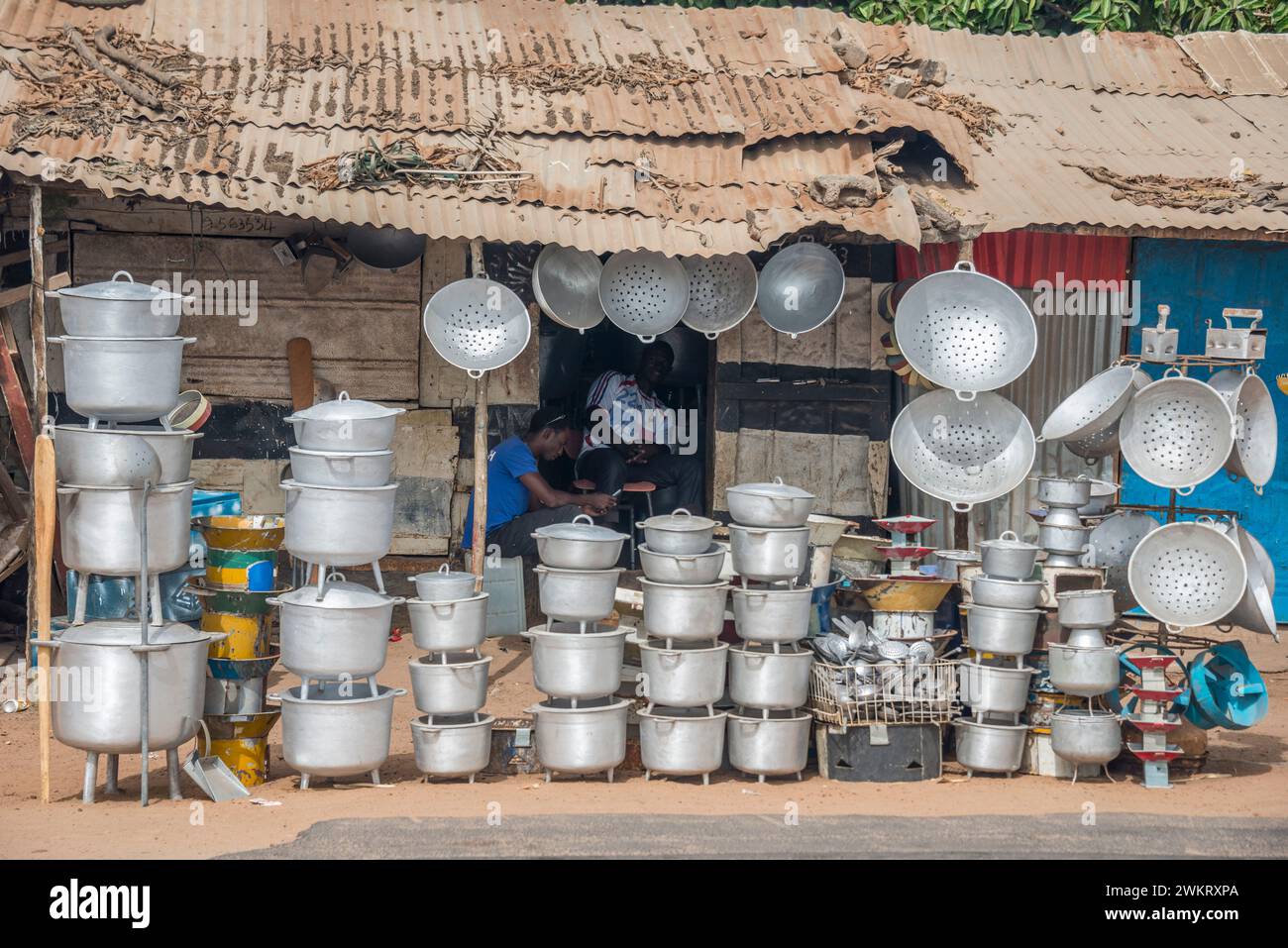 Aluminum utensils for domestic use in a shop in The Gambia. Stock Photo