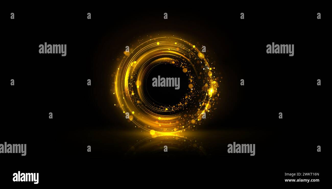 Circle frame with golden bokeh effect isolated on black background ...
