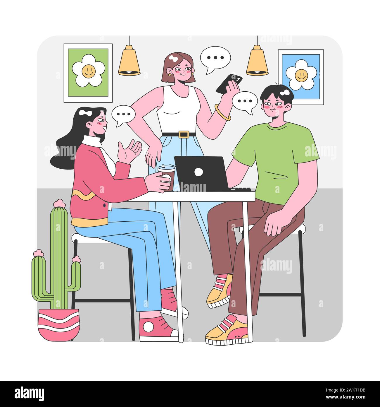 Friends catching up in a cozy cafe setting. Animated discussions, coffee sips, and shared laughter amid modern decor elements. Capturing candid moments. Flat vector illustration Stock Vector