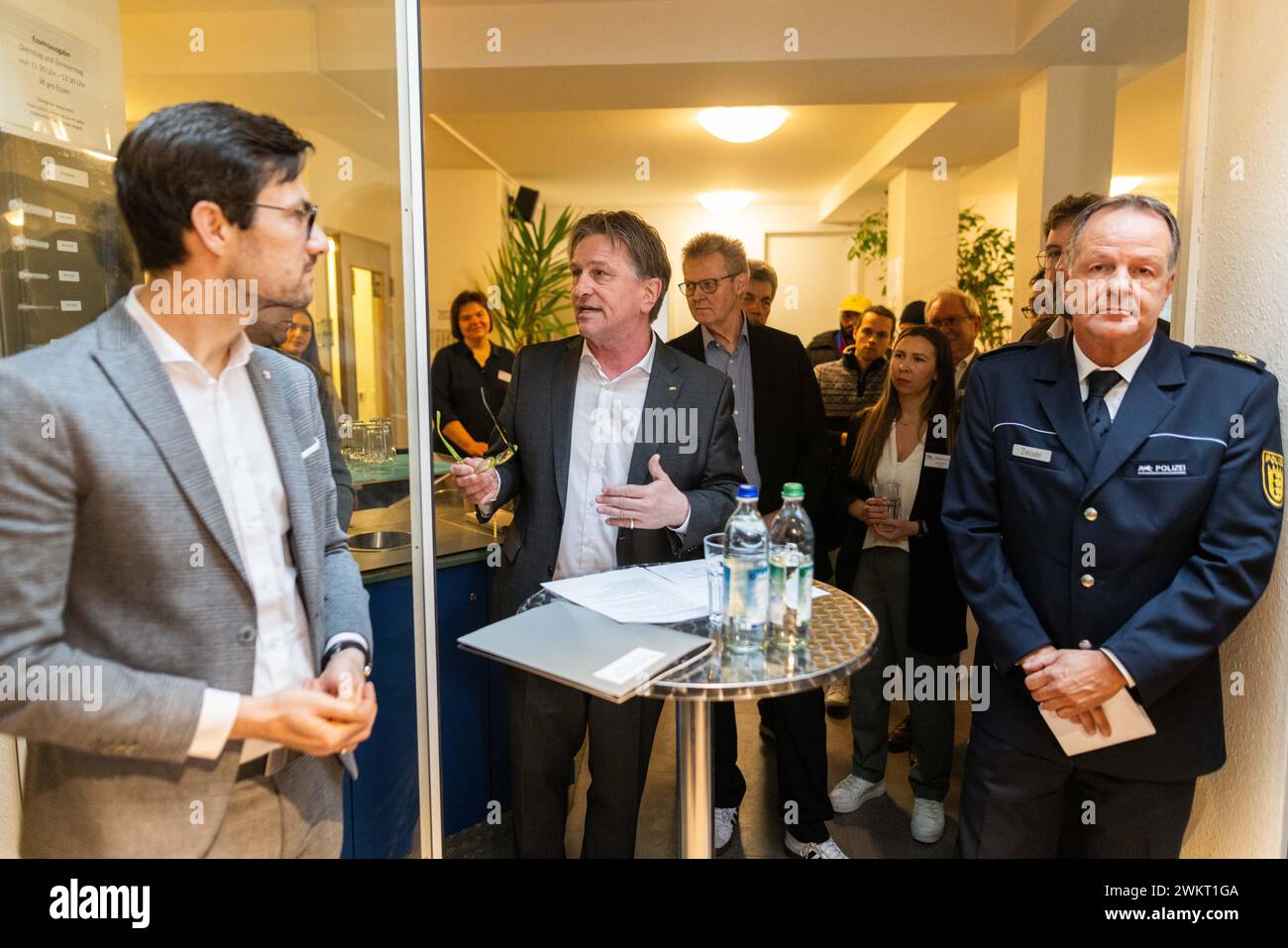 22 February 2024, Baden-Württemberg, Freiburg: Manfred 'Manne' Lucha (M, Alliance 90/The Greens), Minister for Social Affairs, Health and Integration of Baden-Württemberg, speaks during the opening of a drug consumption room. Standing next to him are Martin Horn (left, non-party), Lord Mayor of Freiburg, and Matthias Zeiser, Police Vice President of Freiburg Police Headquarters. According to the city, an average of around ten people die from overdoses in Freiburg every year. The city council wants to tackle this problem by setting up a drug consumption room. Photo: Philipp von Ditfurth/dpa Stock Photo