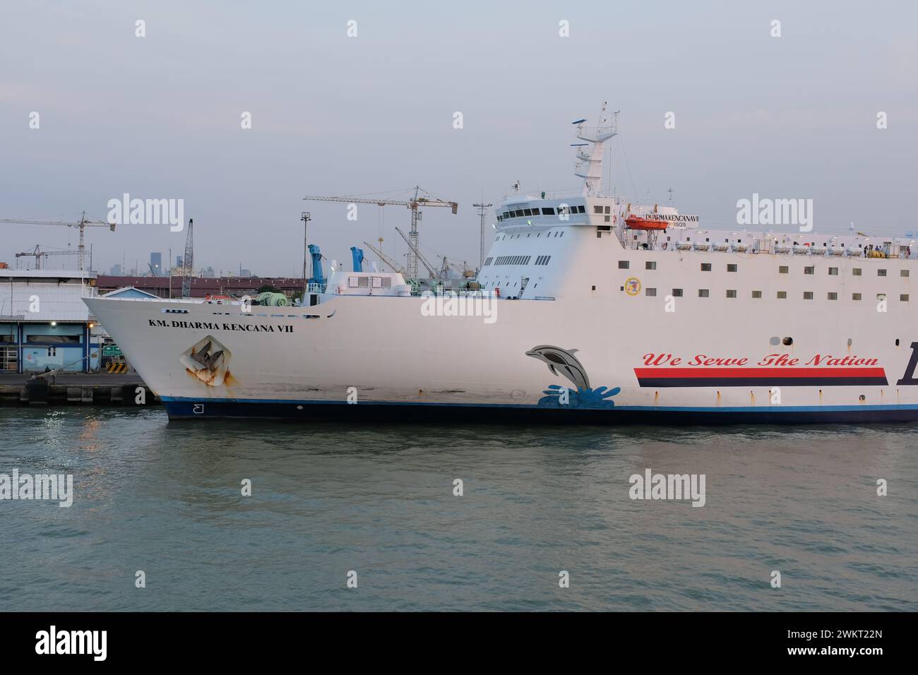 Surabaya, Indonesia, July 27, 2023: Large passenger ships dock at the port to load and unload passengers and goods. water transportation Stock Photo