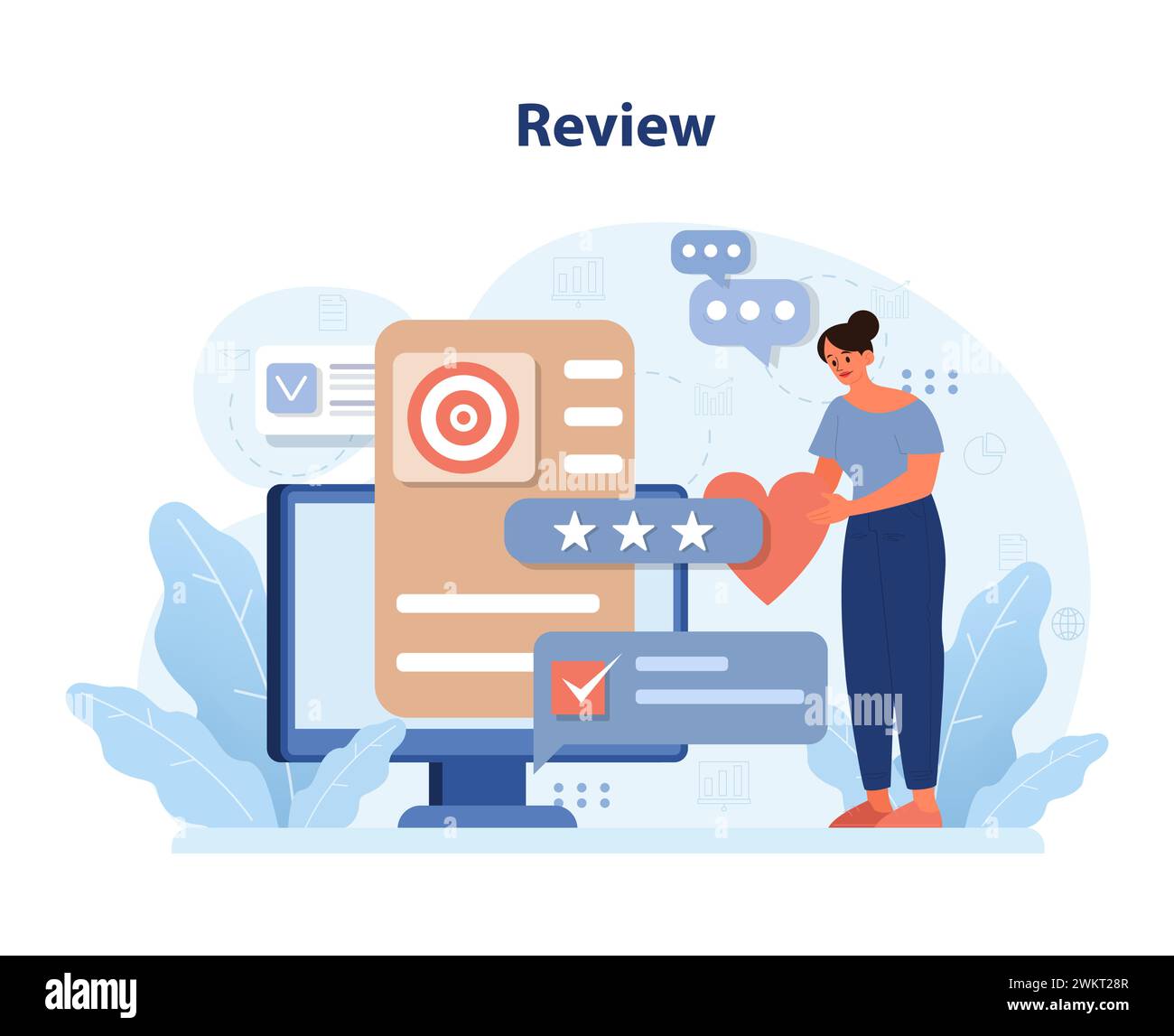 Feedback and evaluation illustrated. Woman interacting with performance metrics, offering heart