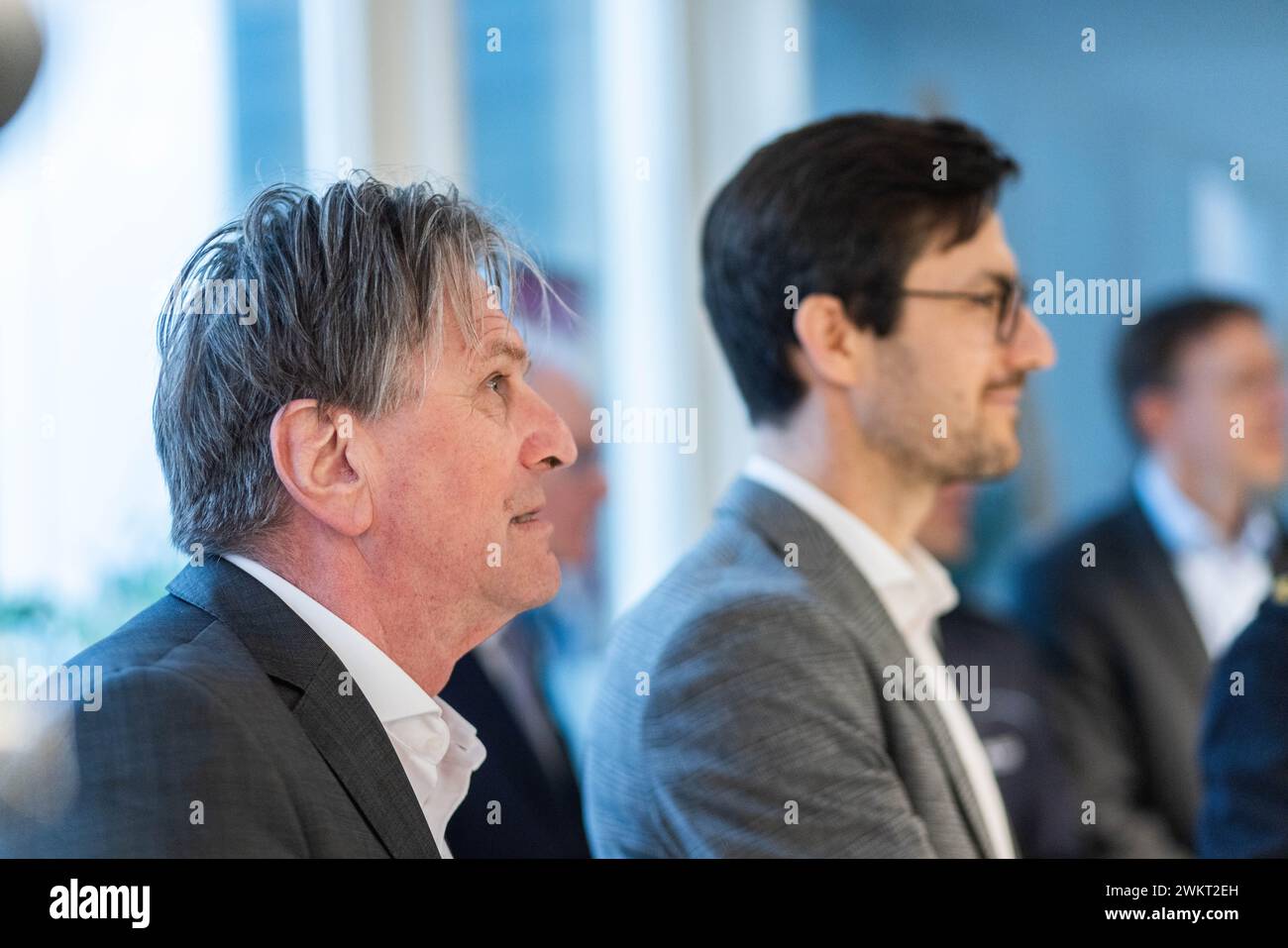 Freiburg, Germany. 22nd Feb, 2024. Manfred 'Manne' Lucha (l, Alliance 90/The Greens), Minister for Social Affairs, Health and Integration of Baden-Württemberg, stands next to Martin Horn (r, non-party), Lord Mayor of Freiburg, during the opening of a drug consumption room. According to the city, on average around ten people die of an overdose in Freiburg every year. The city council wants to tackle this problem by setting up a drug consumption room. Credit: Philipp von Ditfurth/dpa/Alamy Live News Stock Photo